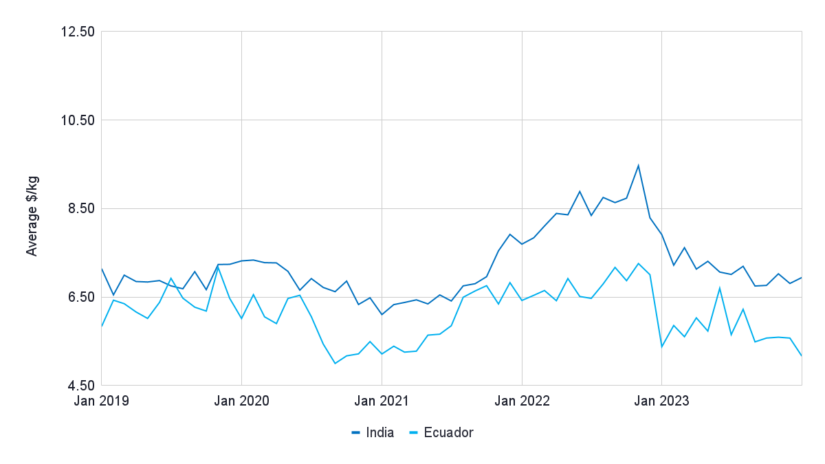 Figure 14: Average value per kilogram of raw frozen Penaeus imported from Ecuador and India from 2019 to 2024