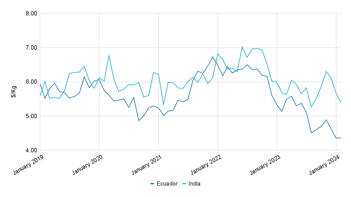 Figure 8: The average value/kg for imports from India and Ecuador from 2019 to 2023