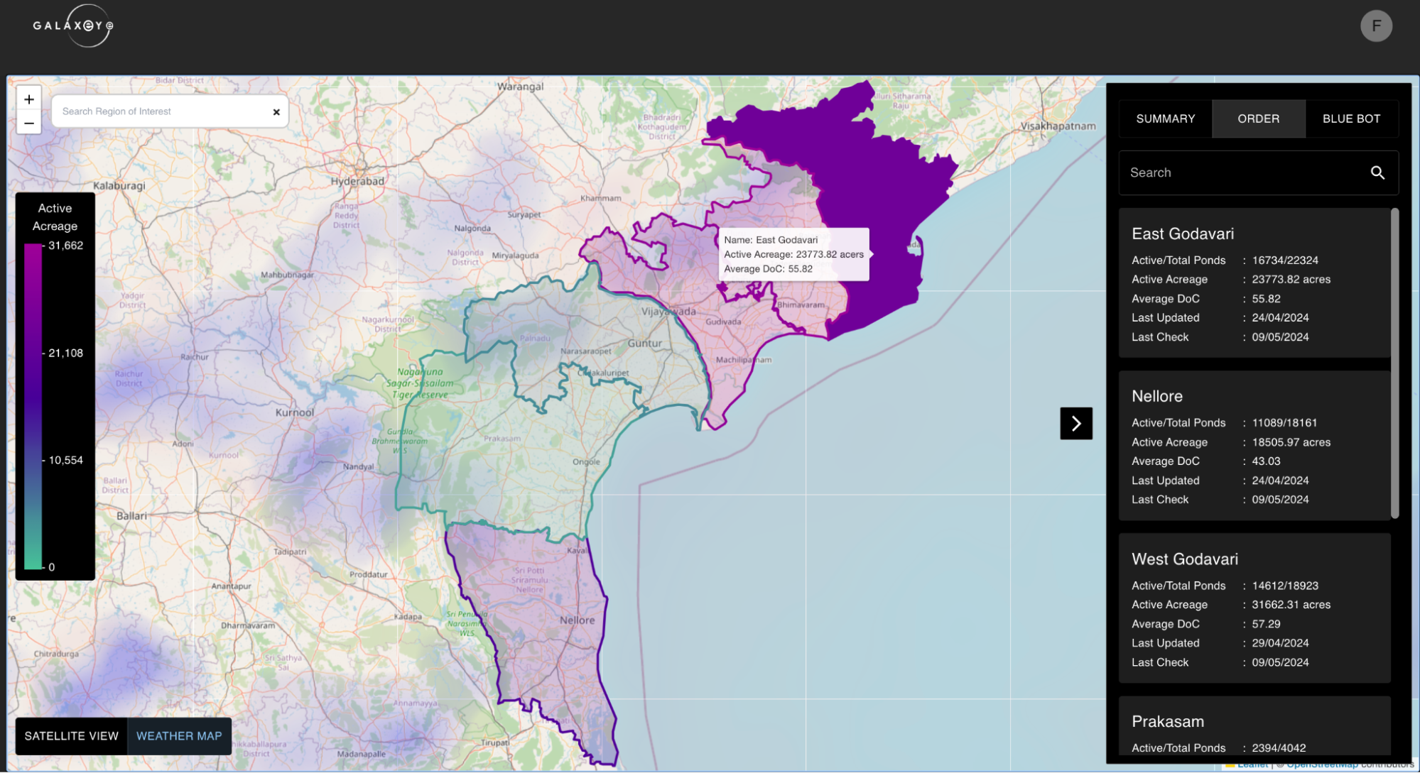 A snapshot of GalaxEye Blue Track’s Dashboard