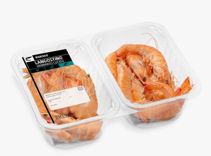 Pre-packed cooked head-on L. vannamei shrimp packed by Profand for Mercadona