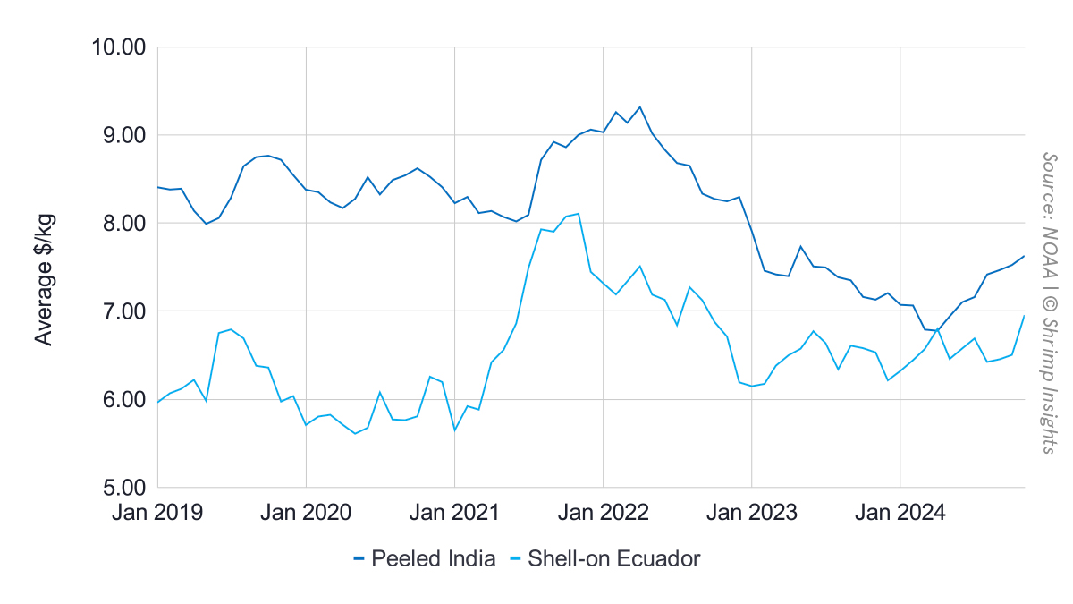 Average import prices of Indian peeled and Ecuadorian shell-on shrimp in the US from January 2019 to November 2024