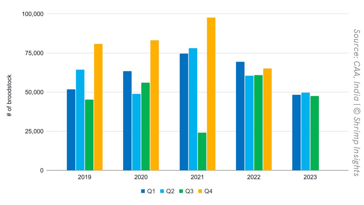 India’s quarterly L. vannamei broodstock imports 2019-2023 combined with local BMC production* for 2022 and 2023