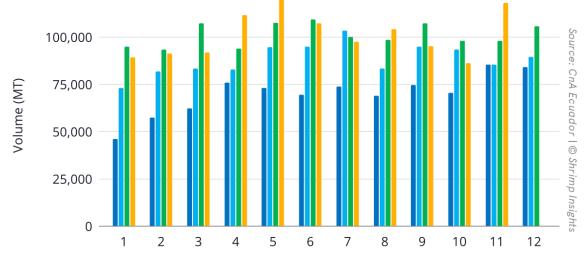 Ecuador’s monthly shrimp exports from January 2021 to November 2024